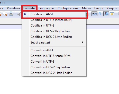 Impostazione della codifica del testo in ANSI